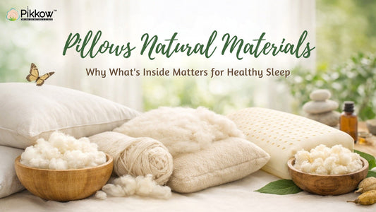 Natural pillow materials displayed on a bed, including organic cotton, wool, and latex pillows, highlighting eco-friendly bedding for healthy and comfortable sleep.