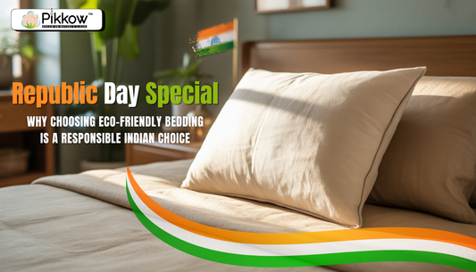 White kapok pillow on a cotton bed in an Indian home, representing eco-friendly bedding and responsible living on Republic Day.