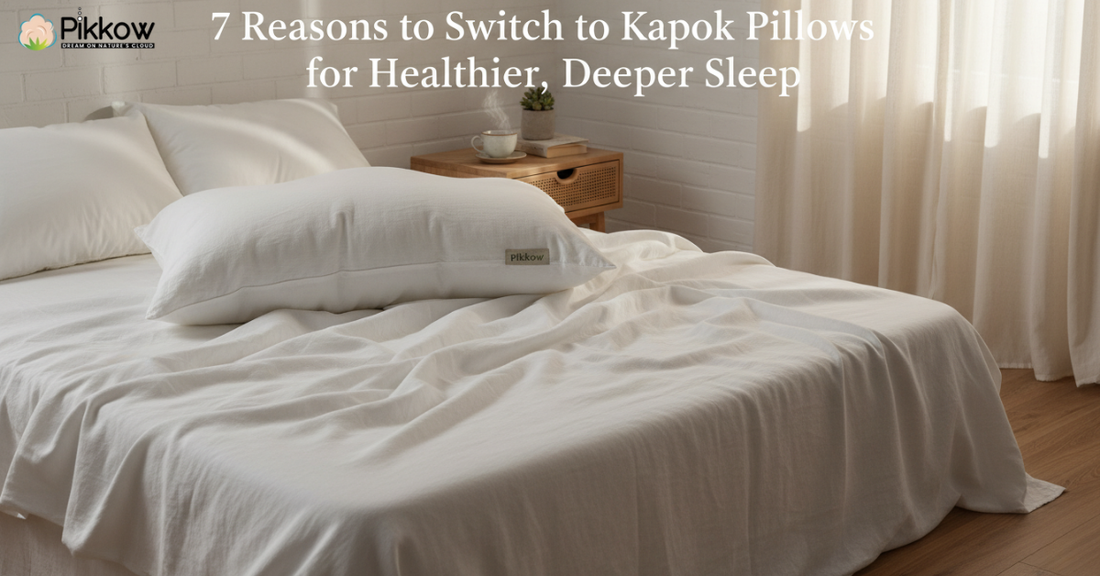 A cozy organic kapok pillow on a bed with white cotton sheets, symbolizing natural sleep and eco-friendly comfort
