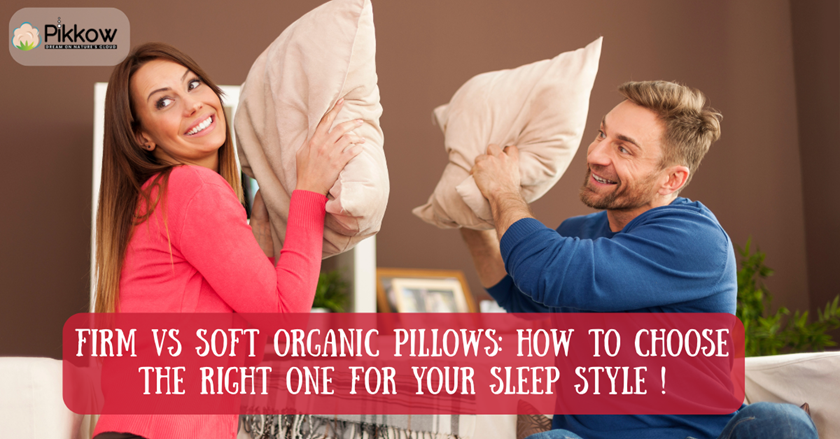 Two individuals holding different pillows—one firm and one soft—visually representing the firm vs soft organic pillow guide to help choose the right pillow based on sleep style and support needs.