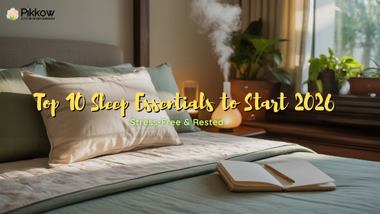 Organic Kapok Pikkow pillow on a natural cotton bed surrounded by 2026 sleep essentials like plants, warm lighting, and aromatherapy.