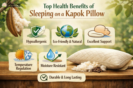 Infographic banner showing the top health benefits of sleeping on a kapok pillow, including hypoallergenic, eco-friendly, supportive, temperature regulating, moisture resistant, and durable features, with natural-themed visuals and a pillow display.
