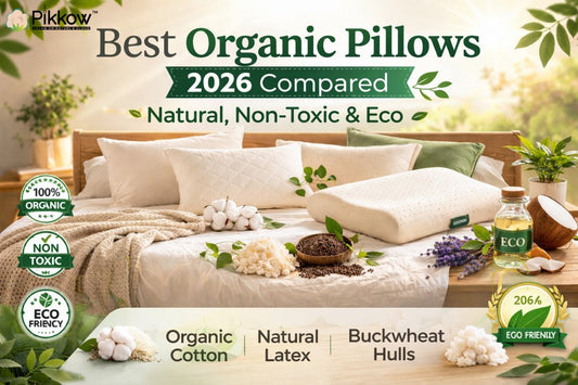"Eco-friendly bedroom featuring organic pillows made from cotton, latex, and buckwheat hulls. Highlighting sustainability, non-toxicity, and natural materials in a serene setting.
