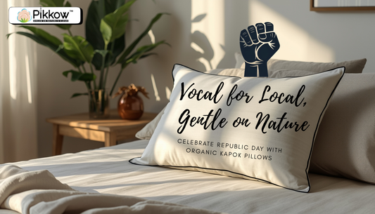 White kapok pillow on a natural cotton bed in an Indian home, representing sustainable bedding and vocal for local sleep choices.