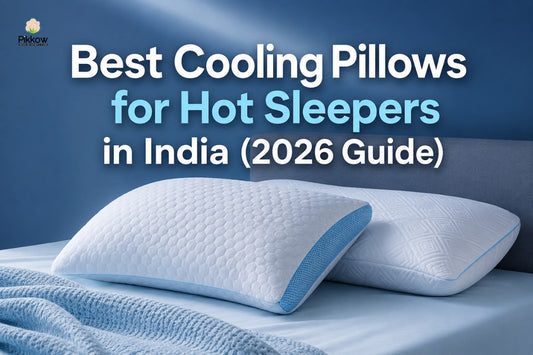 Modern cooling pillows placed on a stylish bed with blue bedding and headline “Best Cooling Pillows for Hot Sleepers in India (2026 Guide)” designed for hot sleepers seeking breathable and comfortable sleep solutions in India during warm summer nights.