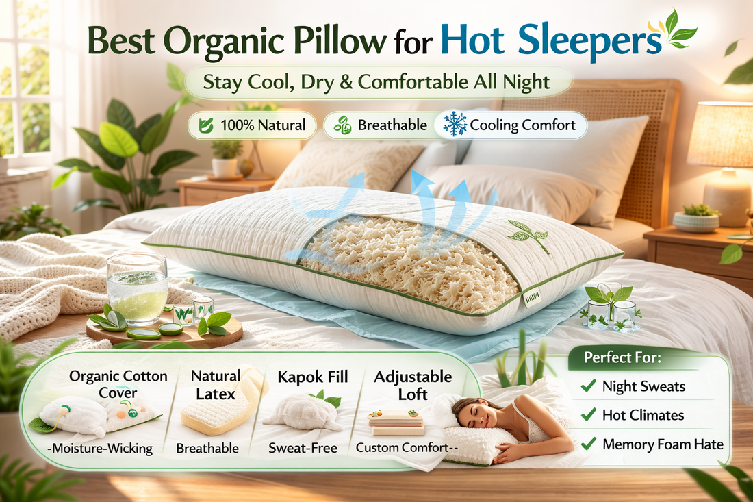 Cozy bedroom scene with an organic cooling pillow on soft linen bedding, styled with natural decor and a refreshing glass of water.