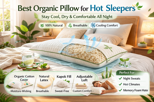 Cozy bedroom scene with an organic cooling pillow on soft linen bedding, styled with natural decor and a refreshing glass of water.