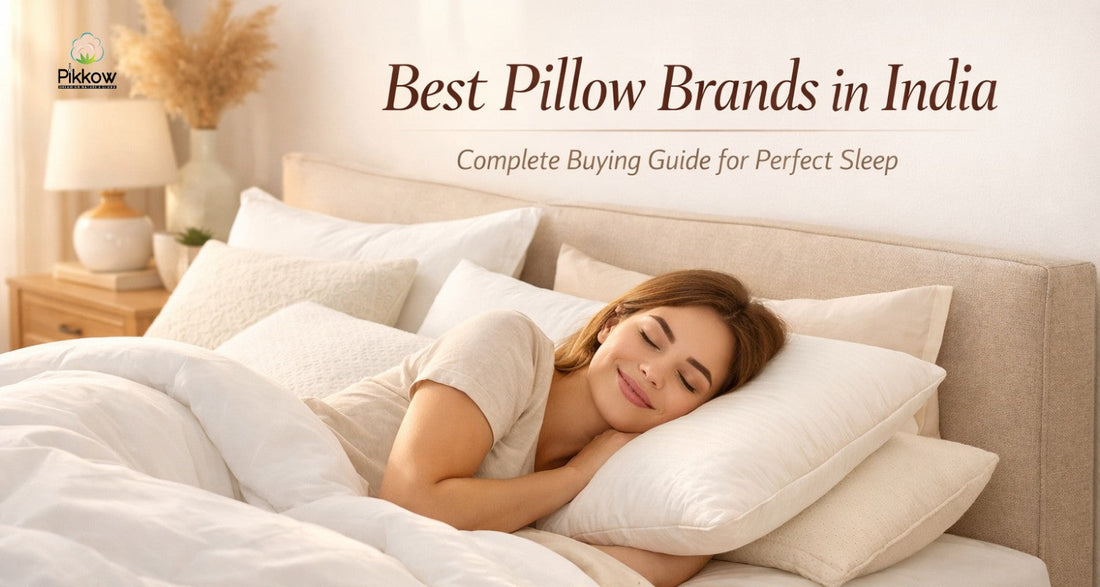 Woman sleeping peacefully on soft white pillows in a cozy, sunlit bedroom, with the heading “Best Pillow Brands in India – Complete Buying Guide for Perfect Sleep.”