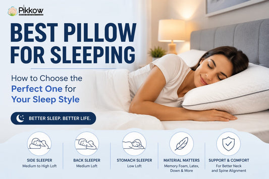 “Woman sleeping peacefully on a soft pillow with banner text about choosing the best pillow for sleeping and sleep styles.”