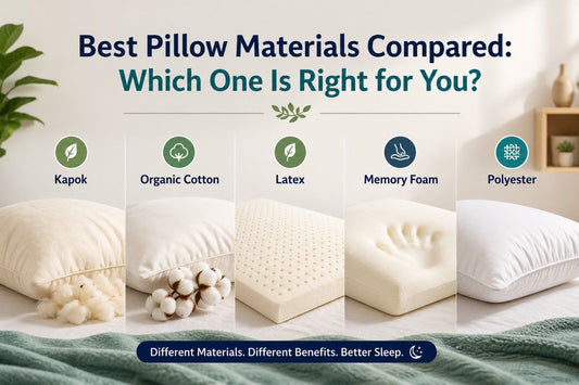 Comparison infographic showing five pillow filling materials—Kapok, Organic Cotton, Latex, Memory Foam, and Polyester—with product visuals, clean bedroom background, and headline about choosing the right pillow material for better sleep.