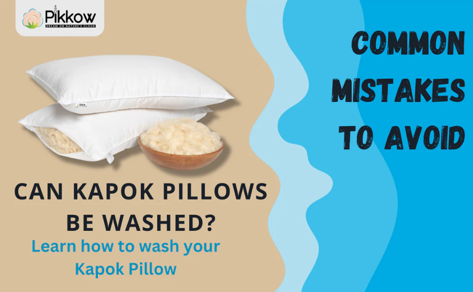 Pikkow Kapok pillows with a bowl of natural Kapok fiber, asking 'Can Kapok Pillows Be Washed?