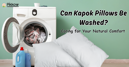 Pikkow Kapok pillows with a bowl of natural Kapok fiber, asking 'Can Kapok Pillows Be Washed?