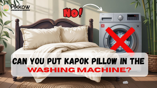 Kapok pillow with cotton cover beside a washing machine, showing care tips for can I wash a pillow in the washing machine safely.