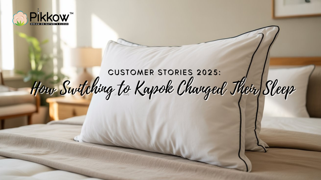 People sleeping peacefully on natural Kapok pillows in an Indian bedroom, highlighting real customer sleep improvement stories from 2025.