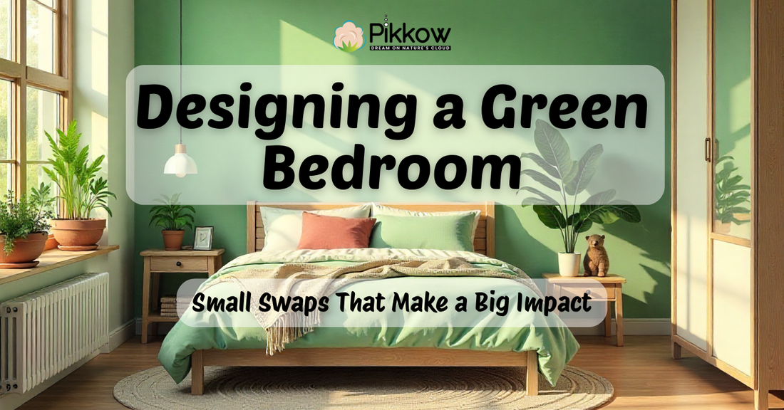 Modern eco-friendly bedroom with organic bedding, Pikkow Pillow, wooden furniture, indoor plants, and natural light — sustainable bedroom design inspiration.