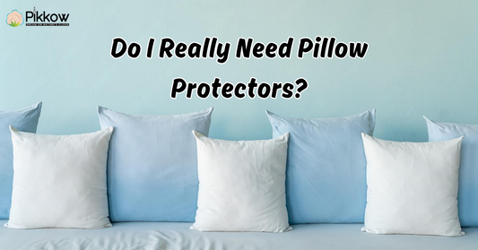 A cozy organic pillow with a cotton zippered pillow protector on a neatly made bed with natural bedding