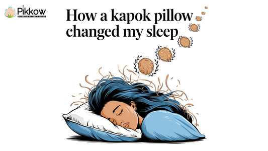 Illustration of a woman sleeping peacefully on a kapok pillow, with soft fibers symbolizing comfort. Text reads "How a kapok pillow changed my sleep," emphasizing improved sleep quality. Pikkow logo highlights eco-friendly, hypoallergenic benefits