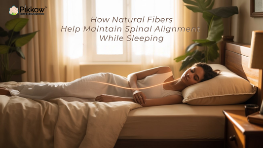 Natural Kapok fiber pillow supporting proper spinal alignment while sleeping, with breathable organic cotton bedding in an eco-friendly bedroom.