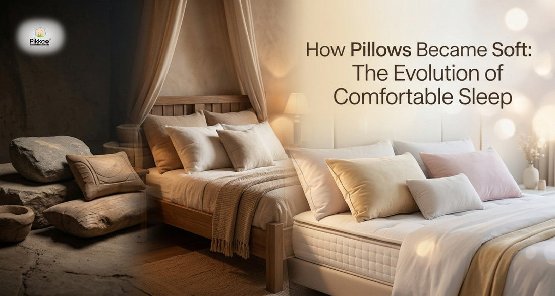 A split-screen image showing the transition of pillows from ancient stone and wood headrests to modern, plush bedding, titled "How Pillows Became Soft: The Evolution of Comfortable Sleep.