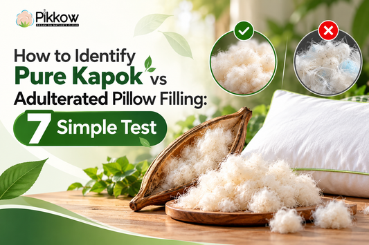 Pikkow banner explaining how to identify pure kapok vs adulterated pillow filling, featuring natural kapok fibres, an open kapok pod, a white pillow, and visual comparisons of genuine and synthetic filling.