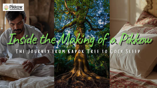 Organic kapok fibers being hand-filled into a PIKKOW pillow during the sustainable pillow-making process in India.