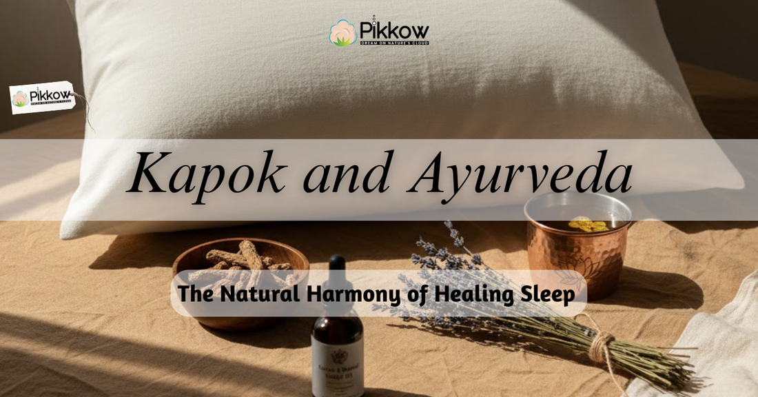 A peaceful bedroom with natural Kapok pillows and Ayurvedic bedding by Pikkow, symbolizing holistic sleep balance and organic healing comfort.