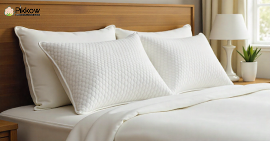 A cozy bedroom with organic kapok pillows on a neatly made bed — showcasing Pikkow’s sustainable bedding collection designed for eco-friendly, comfortable sleep in India.