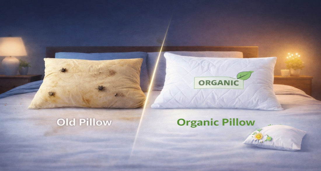 Side-by-side comparison of an old, stained pillow with visible dirt and dust mites and a clean white organic pillow labeled ‘Organic Pillow’ in a bedroom setting, highlighting the difference between worn-out and organic bedding.