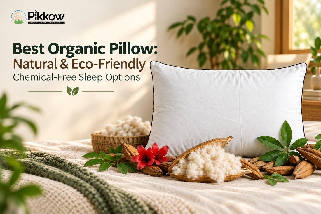 Pikkow organic pillow cover featuring a natural white pillow, kapok fibers, seed pods, green leaves, and a red flower, promoting natural, eco-friendly, and chemical-free sleep.