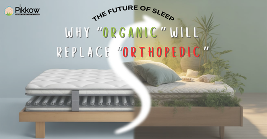 A serene bedroom featuring organic pillows and eco-friendly bedding by Pikkow, symbolizing the future of sleep and the rise of sustainable, natural sleep solutions.