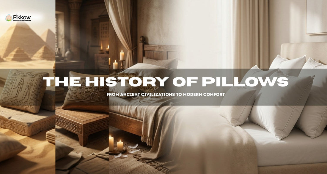 A split-style banner showing the evolution of pillows—from ancient Egyptian stone headrests and medieval bedding to modern white pillows on a cozy, minimalist bed, with the text “The History of Pillows: From Ancient Civilizations to Modern Comfort.