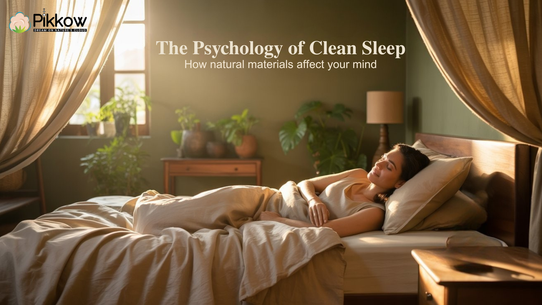 Woman sleeping peacefully on a PIKKOW organic Kapok pillow in a natural, toxin-free bedroom setting symbolizing clean sleep psychology.