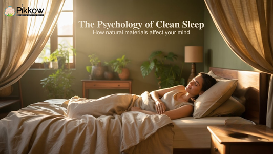 Woman sleeping peacefully on a PIKKOW organic Kapok pillow in a natural, toxin-free bedroom setting symbolizing clean sleep psychology.