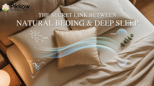 Kapok-filled organic PIKKOW pillow on a natural cotton bed, symbolizing the scientific benefits of natural bedding for deep sleep.