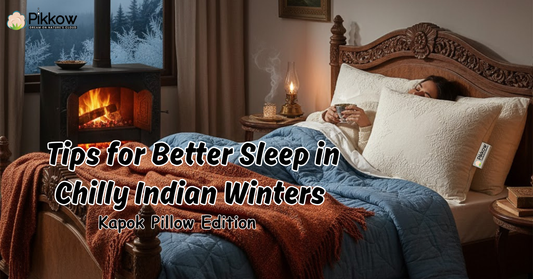 A cozy winter bedroom setup with an organic Kapok pillow, warm blanket, and soft lighting — showcasing the best pillow for winter in India for deep, natural sleep comfort.