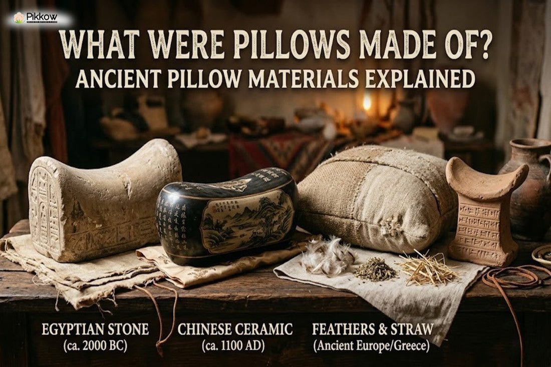 Alt text: Ancient pillows including Egyptian stone, Chinese ceramic, and feather-straw cushion on a rustic table.