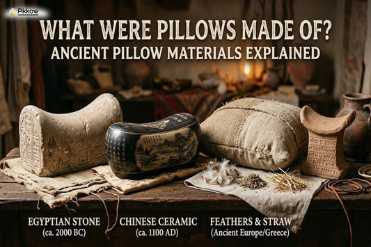 Alt text: Ancient pillows including Egyptian stone, Chinese ceramic, and feather-straw cushion on a rustic table.