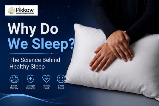 Person resting hands on a soft white pillow with the text 'Why Do We Sleep? The Science Behind Healthy Sleep' illustrating the importance of quality sleep and healthy sleep habits.