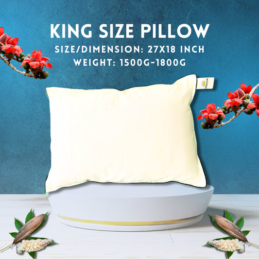 buy organic kapok pillows online for king size beds, this size is perfect for all king size beds, having pillow dimensions 27 inch x 18 inch and weight as 1500 grams to 1800 grams. Buy Now to get better and healthy sleeping.