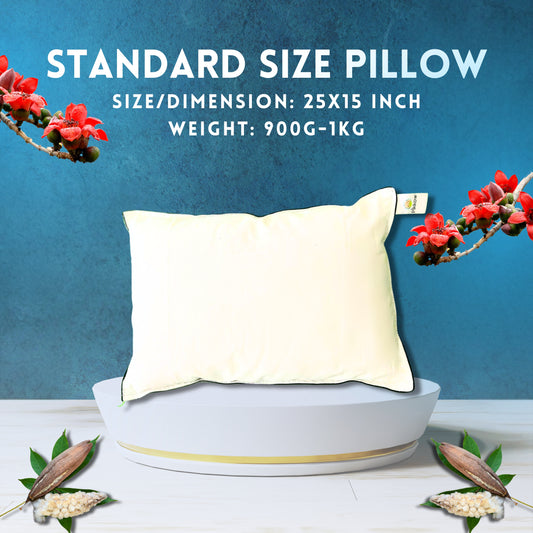 buy organic kapok pillows online for standard size, this size is perfect for all standard beds, having dimensions 25 inch x 15 inch and weight as 900 grams to 1 Kg. Buy Now to get better and healthy sleeping.