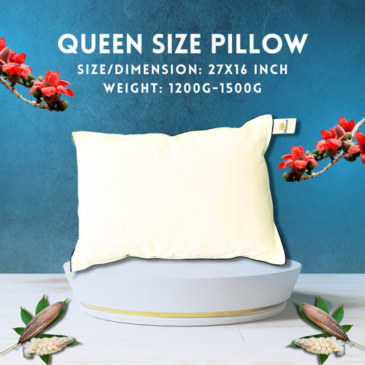 buy organic kapok pillows online for queen size, this size is perfect for all queen size beds, having pillow dimensions 27 inch x 16 inch and weight as 1200 grams to 1500 grams. Buy Now to get better and healthy sleeping.